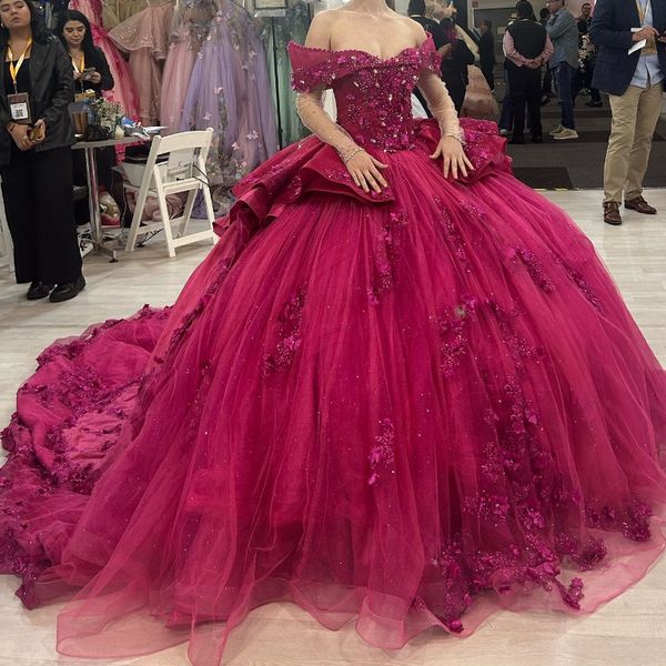 Luxus Rot Glänzenden Quinceanera Kleid 2024 Applique Spitze Perlen Tull Prinzessin Ballkleid Süße 15 Vestidos De XV Anos Party kleid
