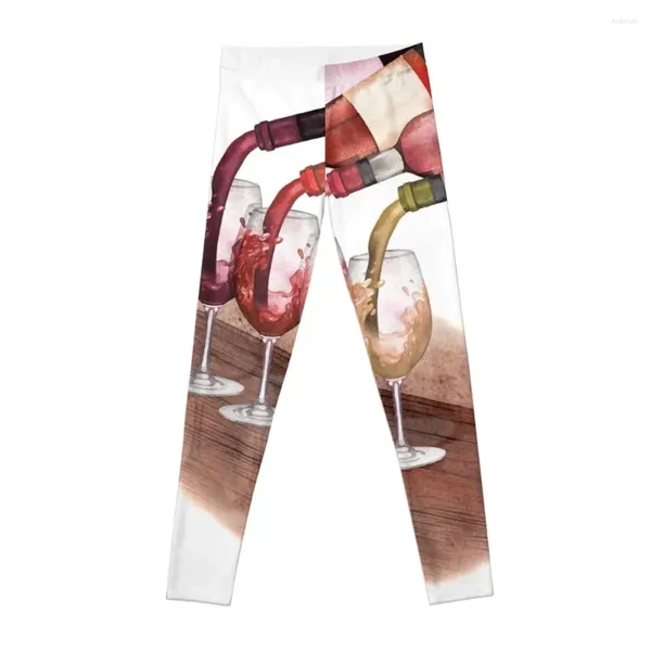 Активные брюки, акварель, красное, белое и розовое вино, льющееся из бутылок в стаканы, стоящие на деревянном столе, леггинсы