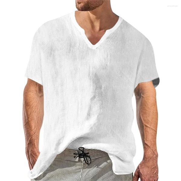 Мужские футболки, летняя модная мужская льняная футболка с короткими рукавами, однотонная хлопковая и повседневная дышащая блузка с v-образным вырезом M-3XL