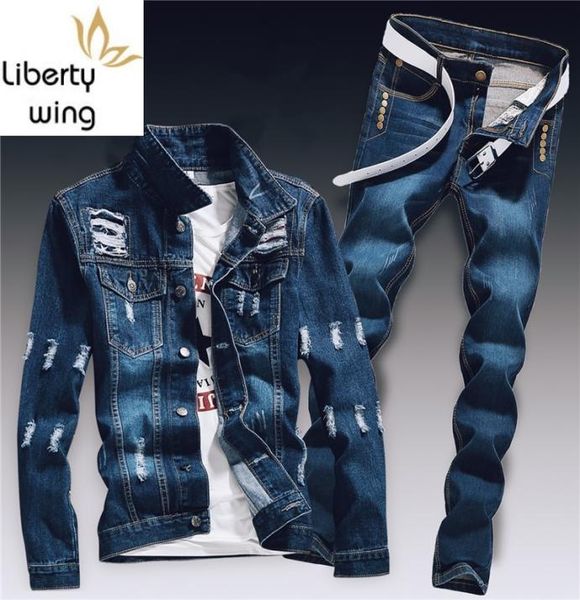 Primavera dos homens denim conjunto de duas peças buraco rasgado fino ajuste jaqueta jeans define masculino casual vintage ropa hombre carga terno streetwear7090159