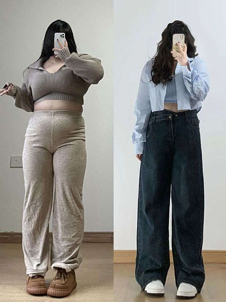 Calça jeans larga grande de 300 kg, novo outono e inverno para mulheres, calça gordinha mm emagrecimento perna reta, calça feminina marca