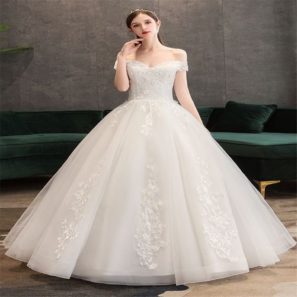 Plus Size Spitze Blumen Peals Brautkleider Einfache elegante Brautkleider Brautkleid Boda Robe de Mariee U-Boot-Ausschnitt Schulterfrei209T