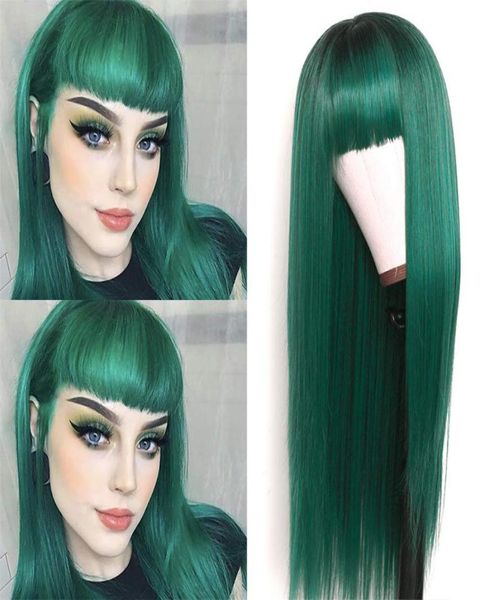 Uzun ipeksi düz sentetik yedek saç peruk yeşil ombre ipek taban peruk tam temiz patlama ısıya dayanıklı hiçbir dantel peruk moda8189053