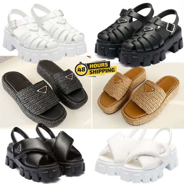 2024 Designer Sandálias Espuma Borracha Corredor Sandália Mulheres Moda Plataforma Prad Slides Triângulo Chinelos De Metal Retro Praia Mocassins Redondo Toe Sandália Tamanho 35-40