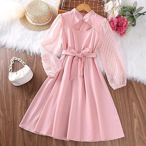 Платья для девочек Элегантное платье для девочек 2024 г. Европейская и американская осень 8-12 лет Детская розовая юбка принцессы с длинными рукавами