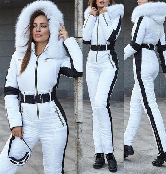 Mulheres duas peças calças de inverno macacão de esqui feminino branco com inserção preta ternos de esqui confortável com capuz jaqueta de pele sintética moda quente femal2335266