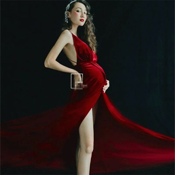 Abiti Donne incinte Fotografia Puntelli Red Vneck Bretella Backless Maternità Abito Sexy Elegante Gravidanza Split Dress Abiti da studio