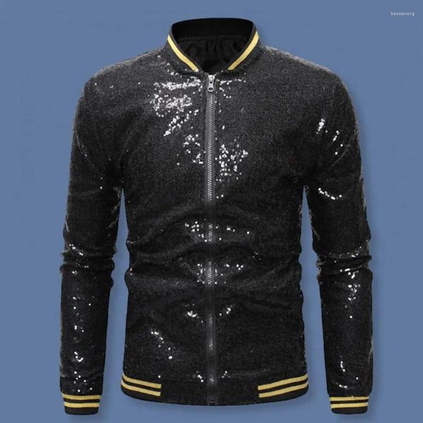 Giacche da uomo Giacca con paillettes da uomo Colletto alla coreana Maniche lunghe lucide Chiusura con cerniera Cardigan Cappotto da spettacolo di danza di media lunghezza