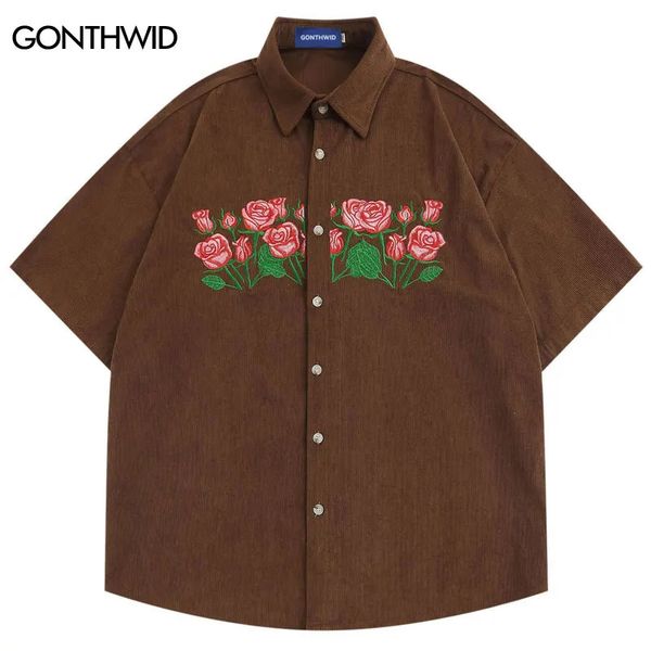 Вельветовая рубашка Harajuku с вышивкой и цветочным принтом, рубашки с короткими рукавами для мужчин и женщин, летняя модная повседневная рубашка с коротким рукавом, коричневая, синяя 240307