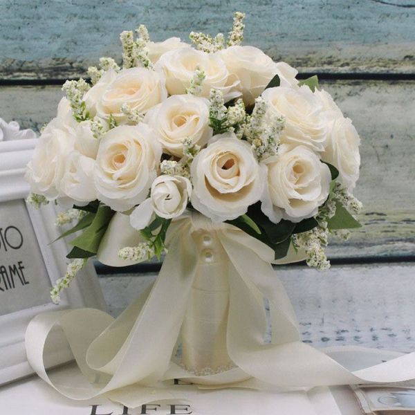 Halten Sie Blumen, künstliche natürliche Rosen, Hochzeitsstrauß mit Seidensatinband, Brautjungfer, Brautparty201k