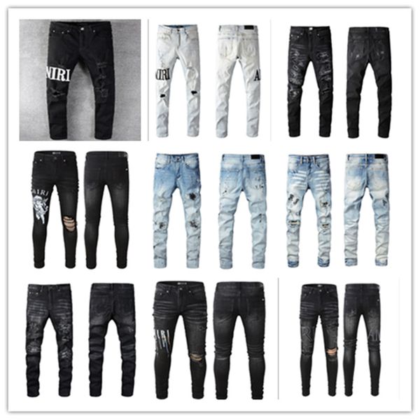 Designer Mens Jeans Roxo para Mens Calças Jeans Moda Feminina Tendências de Marca Roxa Angustiado Preto Rasgado Motociclista Slim Fit Motocicleta Sweatpants Novo