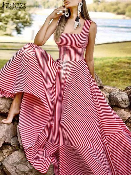 Чешский праздничный сарафан ZANZEA, летнее элегантное платье макси, женское шикарное полосатое платье, длинное пляжное вечернее платье без рукавов 240307