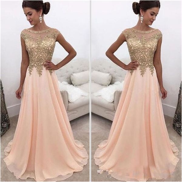 2020 Arabische Abendkleider, A-Linie, formelle Kleidung, transparenter U-Ausschnitt, Chiffon, lange Ballkleider mit Goldapplikationen, Perlen3143