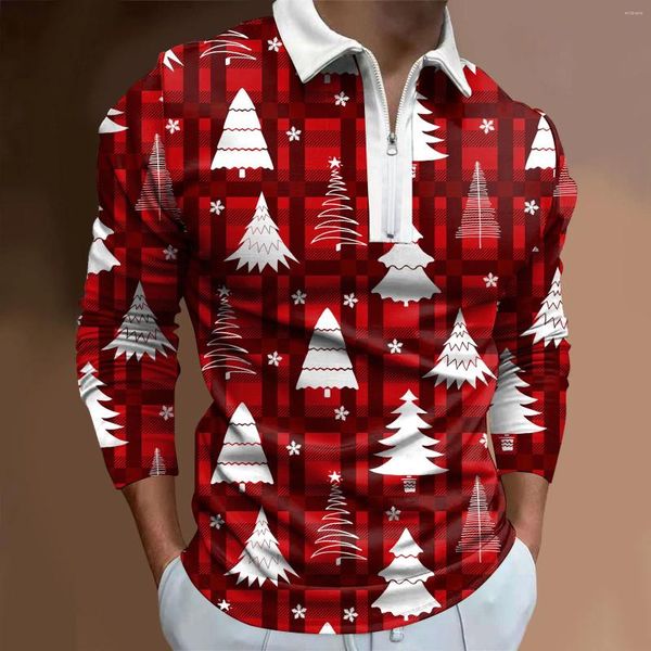 Polo da uomo Pupazzo di neve di Natale Babbo Natale Casual Manica lunga POLO Camicie da uomo Uomo Zip Tee Shirt Top Abbigliamento Abbigliamento per il 2024