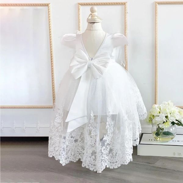 Criança arco arrastando meninas vestido de festa infantil 1º aniversário nascido batismo casamento branco princesa vestido primeira comunhão traje 240226