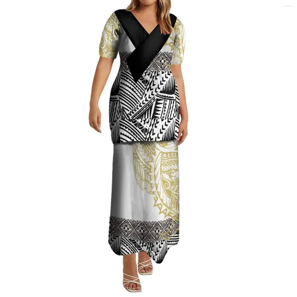 Vestidos casuais mulheres personalizadas vestido de manga curta polinésia tribal design padrão puletasi étnico de duas peças