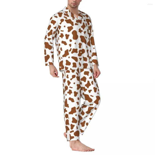 Masculino sleepwear marrom vaca impressão pijama conjuntos estético mooo gráfico animal bonito unisex mangas compridas retro lazer duas peças nightwear