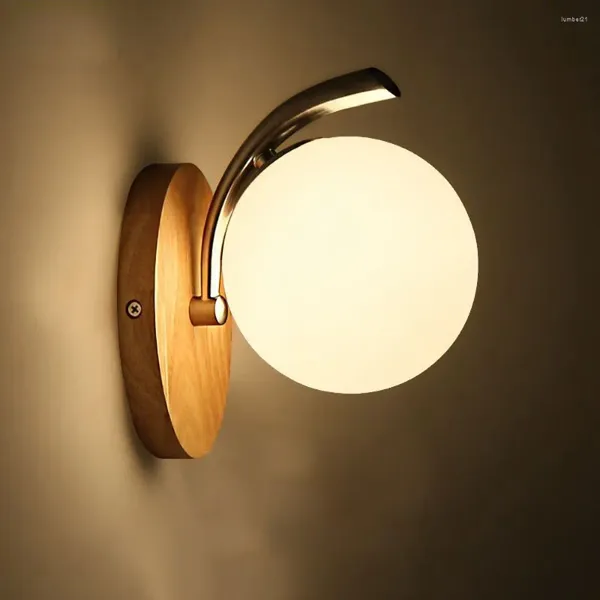 Lampada da parete Cinese Ovale Base in legno Sfera di vetro Camera da letto Comodini Specchio da bagno Frontale Sconce Cabinet Luci per scale