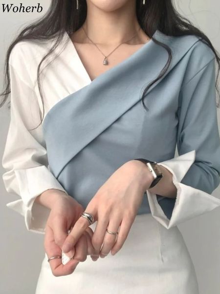 Woherb y2k vintage entalhado feminino topos coreano chique contraste cor manga longa pulôver 2024 festa magro todos os jogos camisas sexy 240307