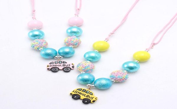 Moda bebê chunky bubblegum contas colar com pingente de ônibus escolar para meninas crianças diy corda corrente colar crianças gift6146412