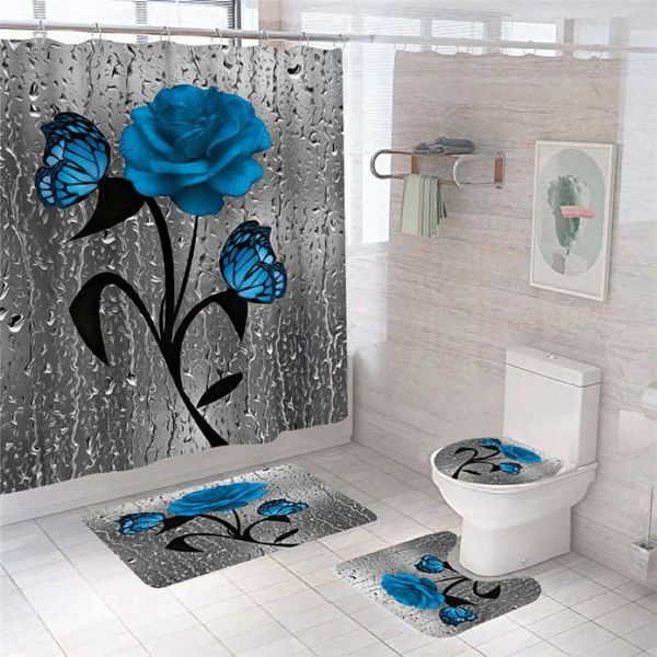 Azul flor borboleta banheiro antiderrapante tapete conjunto durável impermeável cortina de chuveiro pedestal tapete tampa tampa de banho tapetes 2107198l