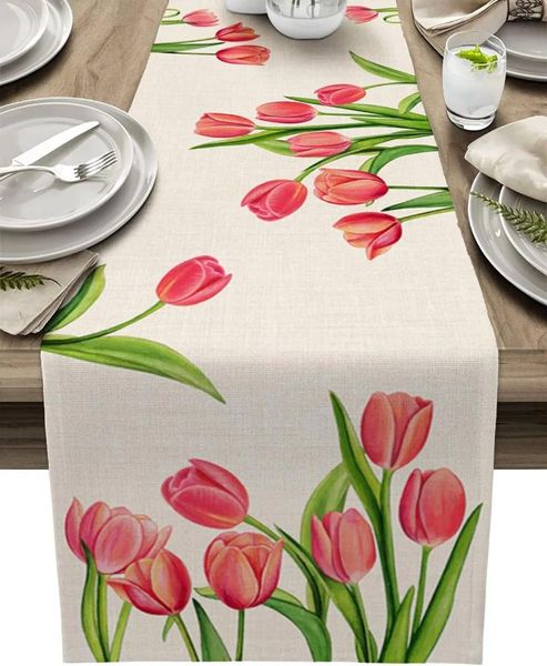 Tovaglia Primavera Tulipani Fiori Lino Runner Comò Sciarpe Sala da pranzo Cucina Matrimonio Festa Vacanza Picnic all'aperto Decor