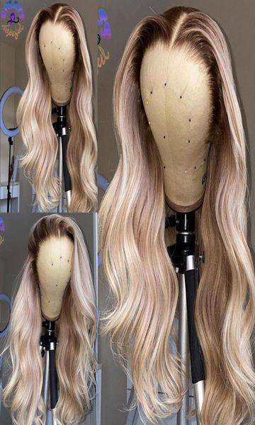 Aschblonde Lace-Front-Perücke mit braunen Wurzeln, hitzebeständige synthetische Ombre-Körperwellen-Perücken für schwarze Frauen4234784