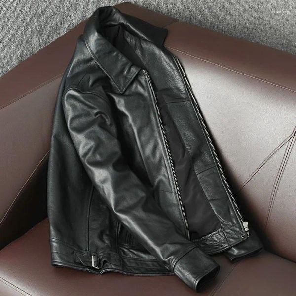 Мужские костюмы больших размеров Мужская одежда Верхняя одежда 2024 Натуральная натуральная коровья кожа Ретро куртка с лацканами Мотоцикл Hombre Черное повседневное пальто