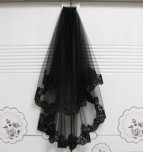 Véus de casamento curtos decoração de Halloween preto com pente duas camadas apliques de renda acessório de cabelo véus de noiva 65cm85cm 2016652143