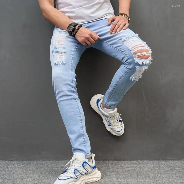 Jeans masculinos homens elegante rasgado angustiado estiramento magro calças jeans buracos casual jogging magro lápis jean calças