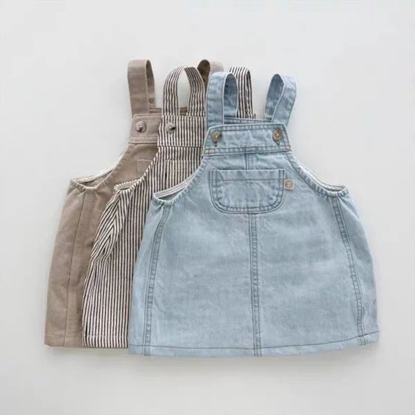 Verão bebê menina sem mangas denim vestido sólido infantil cinta vestido moda criança meninas casual bolso vestido roupas de bebê 240226