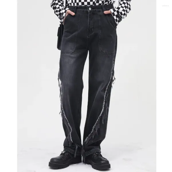 Jeans da uomo 2024 Primavera Coreano Hip Hop Patchwork Design Cotone Ins Moda dritta High Street Lavaggio Cerniera Casual Allentato