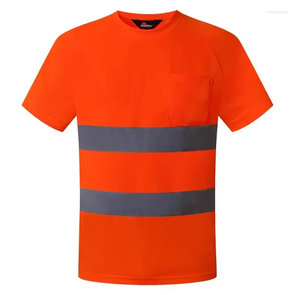 T-shirt da uomo ad alta visibilità di sicurezza con strisce e tasca T-shirt a maniche corte da lavoro in rete riflettente traspirante ad asciugatura rapida