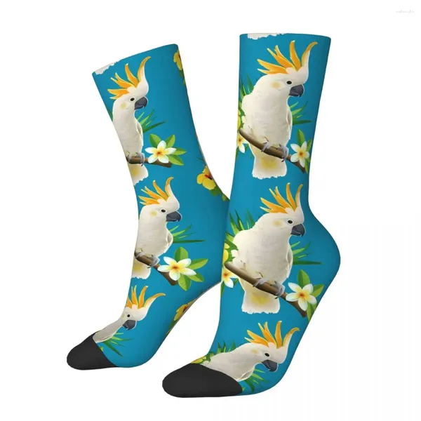 Meias masculinas engraçado meia para homem branco cockatoo tropical papagaio harajuku animal de estimação pássaro padrão respirável impresso tripulação casual presente
