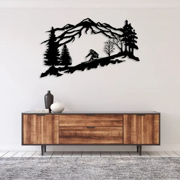 CIFbuy Arte de parede de esquiador de metal, arte de parede com tema de montanha e árvores, decoração de parede de metal, amante de esqui, presente, decoração de casa, suspensão de parede de metal 240304