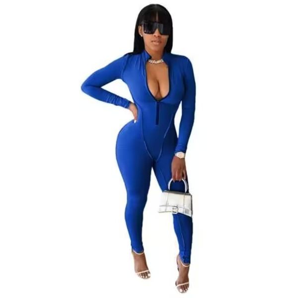 24 novo plus size 2x feminino sexy night club vestindo macacões de cor sólida casual manga longa com zíper macacão magro preto bodysuits