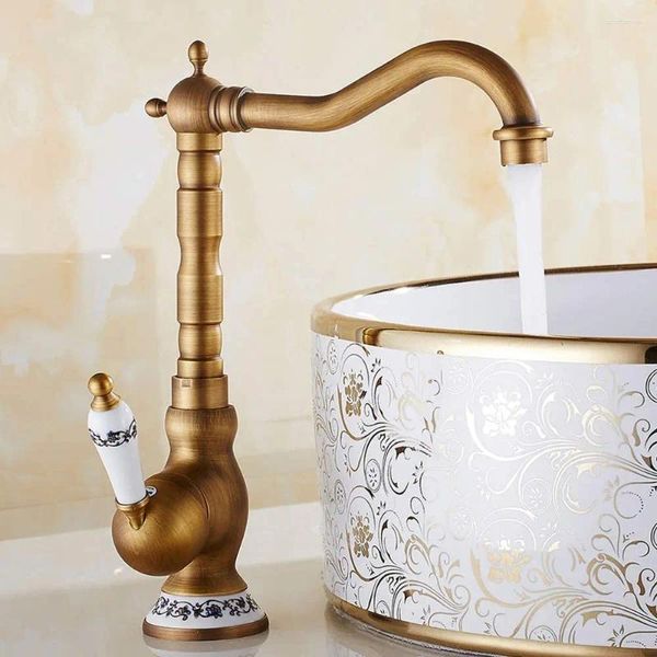 Rubinetti per lavabo Rubinetti per lavabo Miscelatore da cucina monocomando Bocca alta girevole in ottone anticato spazzolato e rubinetto acqua fredda