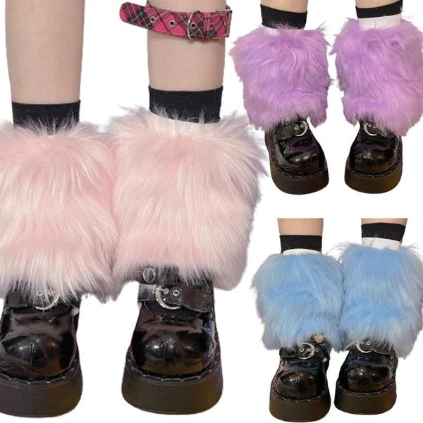 Meias femininas inverno peludo polainas harajuku y2k punk vintage quente leggings punhos doces cor fuzzy capa