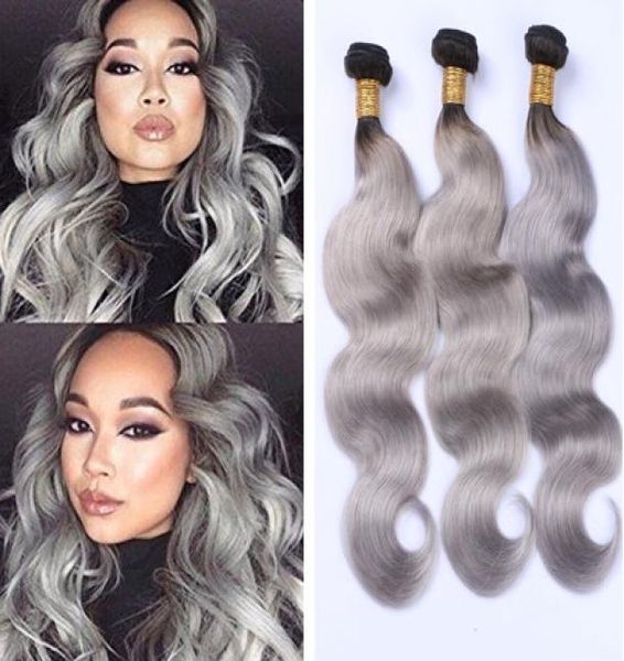 Ombre Grigio Estensioni Dei Capelli Vergini 1B Grigio 3 Bundles Onda Del Corpo Capelli Umani Nero e Grigio Ombre Tessuto Dei Capelli 1228 pollici1770079