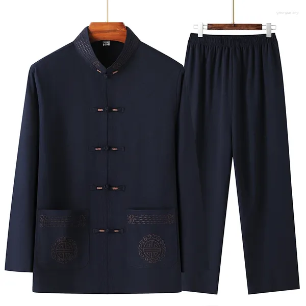 Fatos masculinos 2 Pçs / set Homens Tang Terno Conjunto Chinês Roupas Tradicionais Hanfu Cintura Elástica Perna Larga Camisa Macia Calças Conjuntos