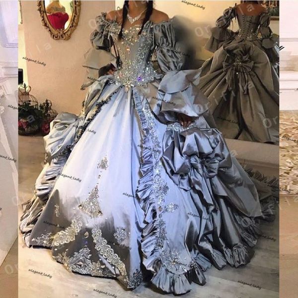 Fantasie-Prinzessin Gothic-Abendkleider mit langen Ärmeln, schulterfrei, Spitze, Hallowmas, silbernes Abendkleid, Größe 15 bis o2755