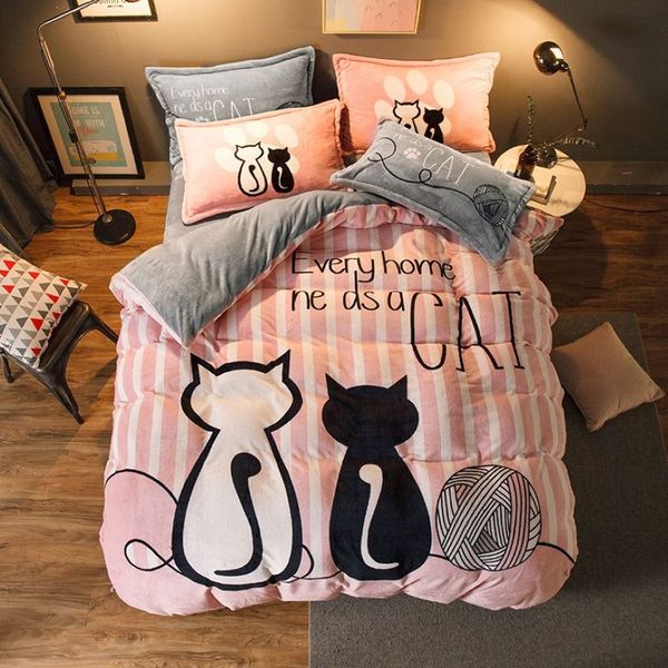 Set biancheria da letto di lusso Flanella Cartoon Pink Cat Copripiumino Set Queen Size Biancheria da letto San Valentino Carino Lenzuolo Biancheria da letto per bambini T200706281L