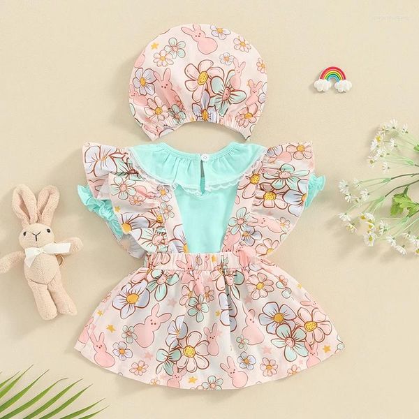 Kleidungssets Ostern Baby Mädchen Kleid Outfit Bron Sommerkleidung Kurzarm Strampler Druck Hosenträger Hut