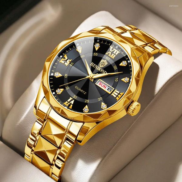 Наручные часы 2024 Алмазные часы для мужчин Лучший бренд класса люкс Золотые деловые часы из нержавеющей стали Мужские водонепроницаемые золотые черные наручные часы