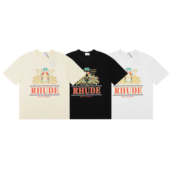 Marca de moda americana rhude papagaio de cauda longa impressão hip hop masculino e feminino lazer em torno do pescoço manga curta camiseta