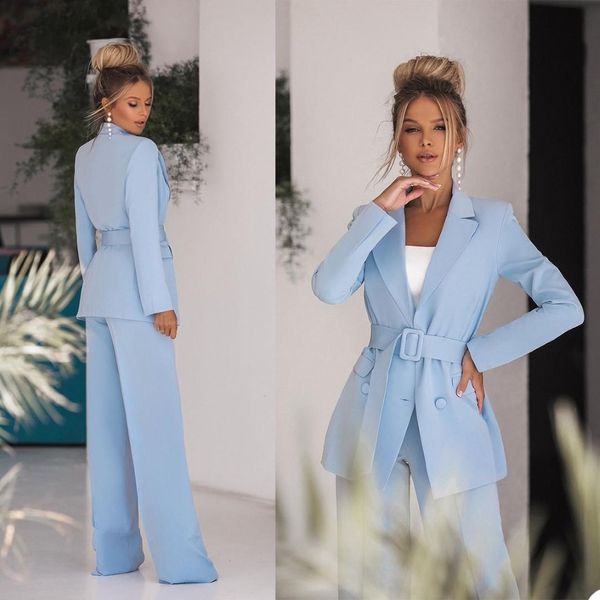 Primavera céu azul mãe da noiva calças terno feminino senhoras festa à noite smoking formal trabalho wear para casamento 2 pcs293j