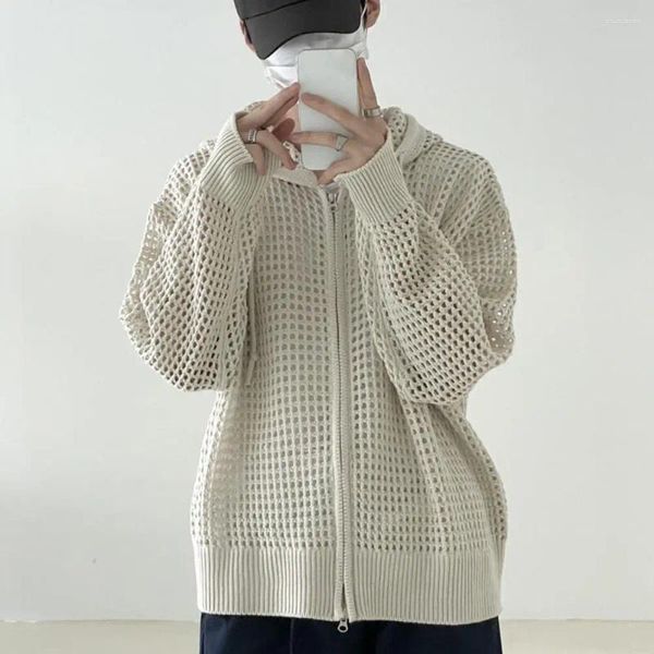 Мужские свитера, куртка из полиэфирного волокна, стильный кардиган в стиле хип-хоп с ажурным капюшоном и застежкой-молнией с длинными рукавами, однотонный для осени