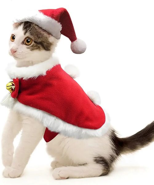 ATUBAN Haustier-Weihnachtskostüm, Katze, Weihnachtsmann-Outfit, kleiner Hund, Weihnachtsmütze mit Umhang, Set, Katzenjahr, Bekleidung, Cosplay-Zubehör, Kopfbedeckung 240226