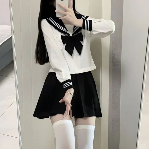 Basic JK Schwarzer Kragen Weiße Linien Schuluniform Mädchen Matrosenanzüge Faltenrock Japanischer Stil Kleidung Anime COS Kostüm 240226