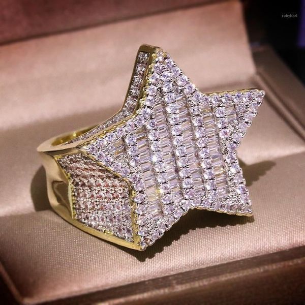 Кольцо с большим блестящим циркониевым камнем, золотое кольцо в стиле хип-хоп со звездой и пентаграммой для женщин и мужчин, модные украшения, новинка 2020, свадебное обручальное кольцо 1308m